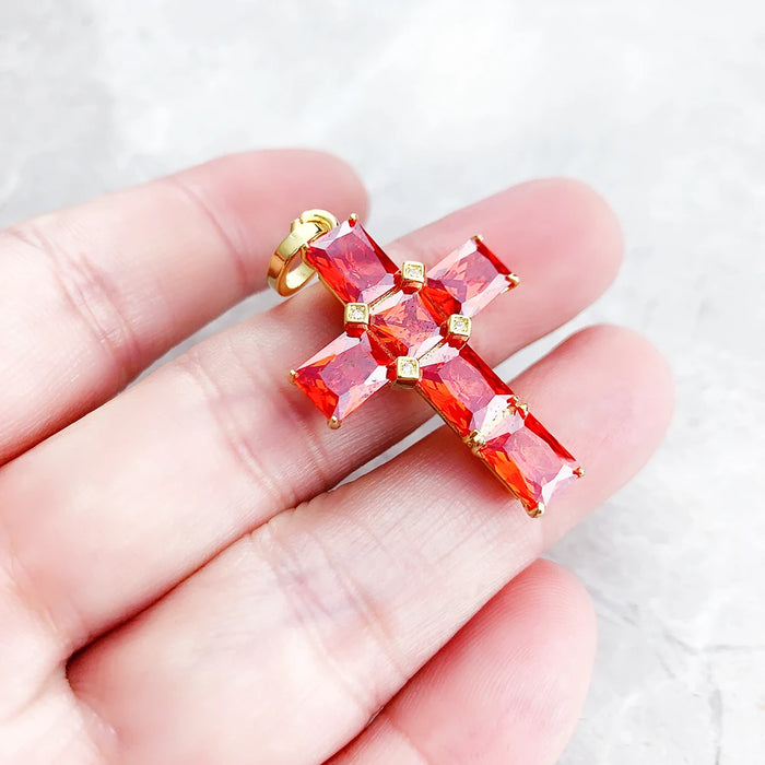 925 Sterling Silver Orange Stone Golden Cross Pendant Jewelry For Women