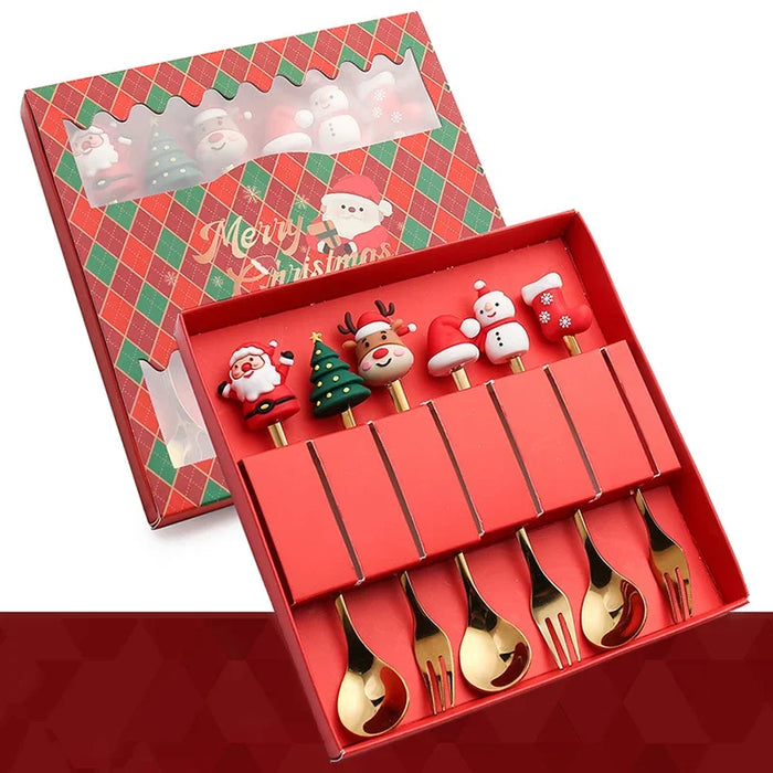 Christmas Cutlery Set 4 / 6 Piece Elk Tree Snowman Design Spoons Forks Tableware Gift