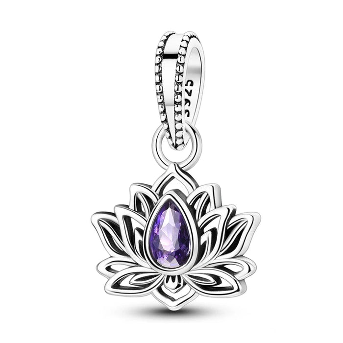 925 Sterling Silver Lotus Flower Pendant Purple Gemstone Charms For Women Bracelets & Necklaces