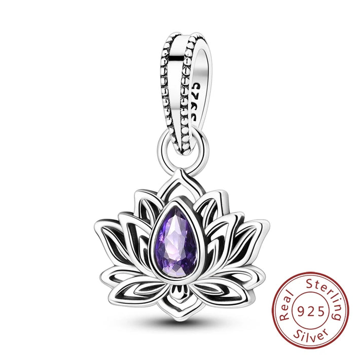 925 Sterling Silver Lotus Flower Pendant Purple Gemstone Charms For Women Bracelets & Necklaces