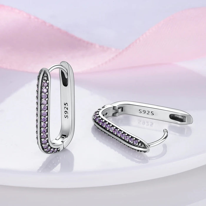 925 Sterling Silver Purple Zircon U Shaped Hoop Earrings For Women Fine Jewelry