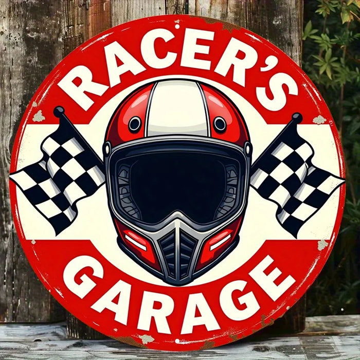 Retro Racing Metal Sign Vintage Design With Flag & Helmet