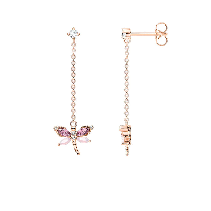 925 Sterling Silver Rose Gold Dragonfly Drop Earrings With Stones