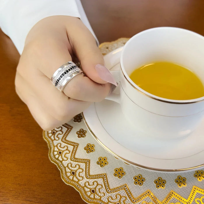 925 Sterling Silver Black & White Pave Entenity Ring Glam Fashion Jewelry For Women