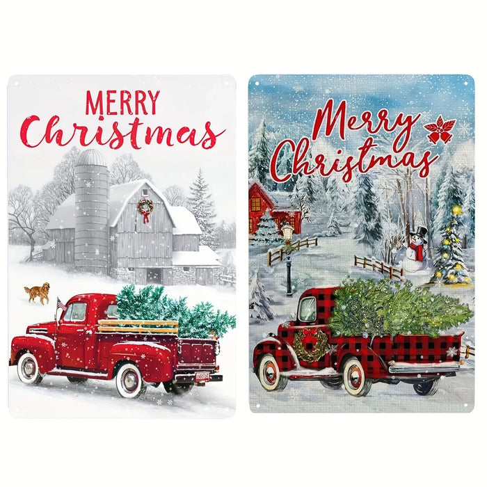 Metal Tin Sign Merry Christmas Red Truck Holiday Decor