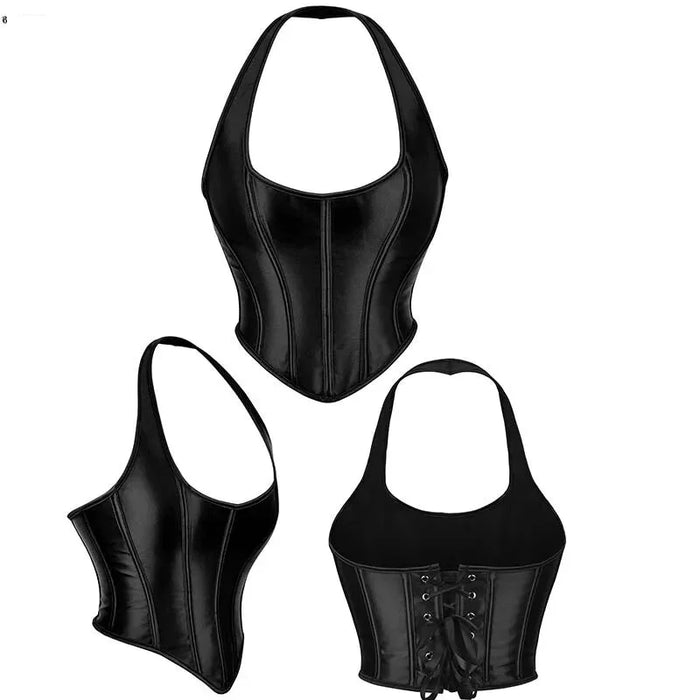 Black Satin Lace-Up Gothic Corset Plus Size Sleeveless Vest With Boning And Shaping For Retro Women