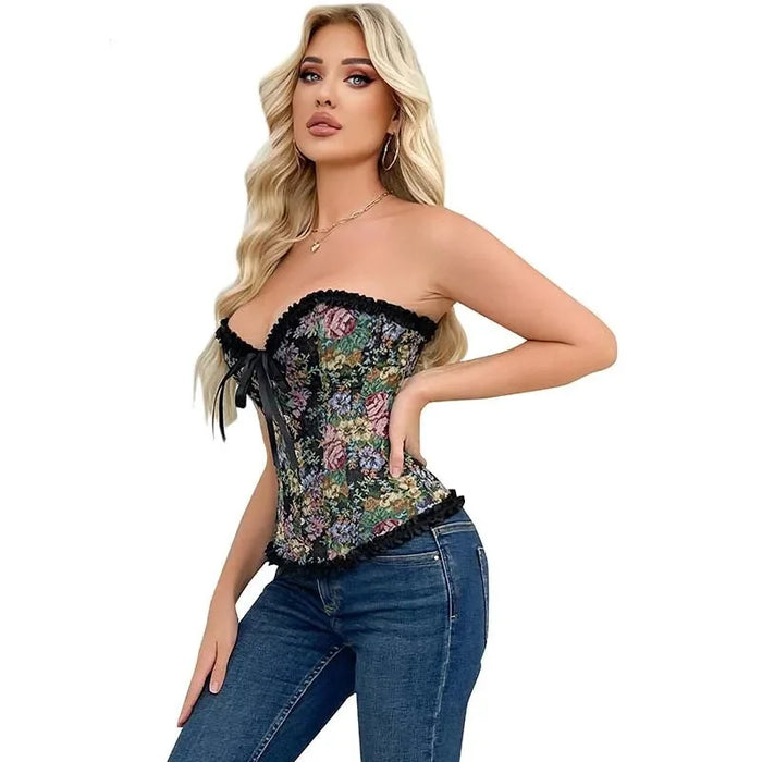 Floral Lace Trim Renaissance Corset With 6 Busk Closure Plus Size Xs-Xl