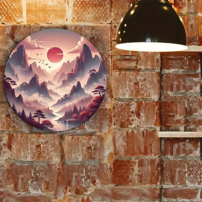 Round Tin Wall Art Mountain & Birds Landscape