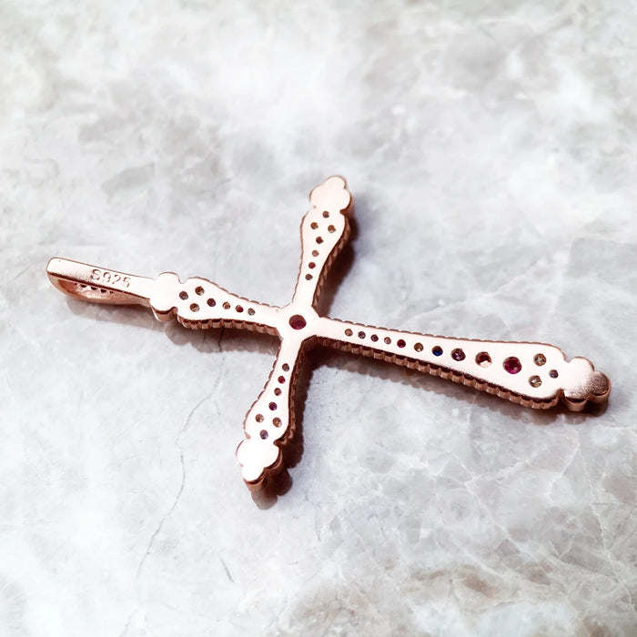 925 Sterling Silver Boho Royalty Rose Gold Cross Pendant For Women