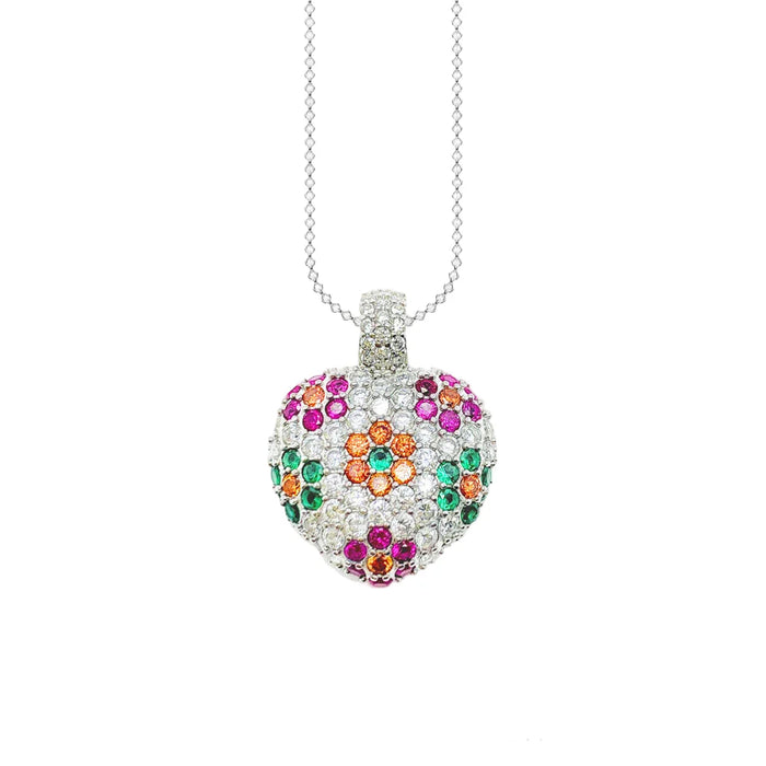925 Sterling Silver Colourful Flower Heart Necklace Romantic Gift
