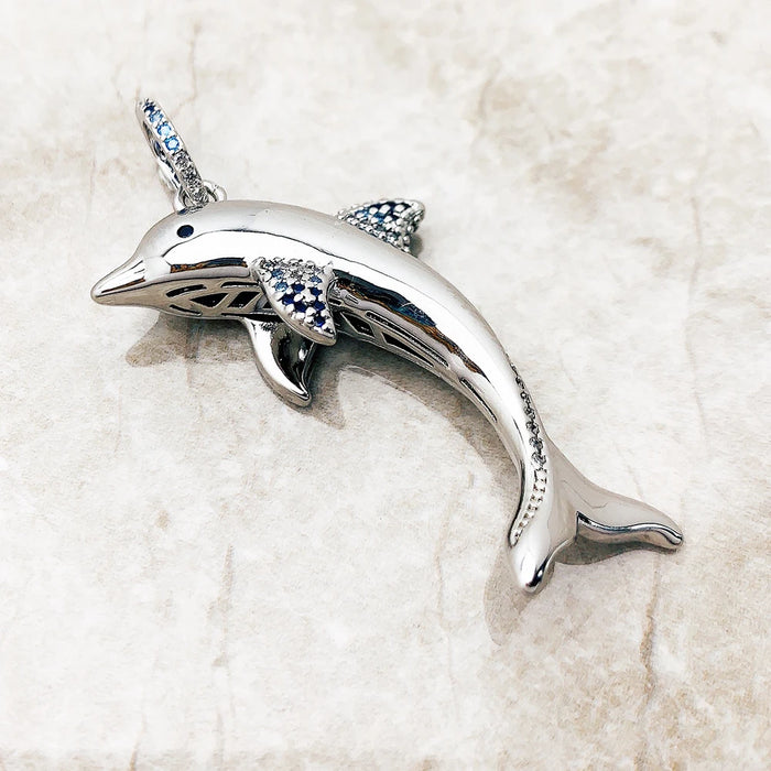 925 Sterling Silver Cheerful Dolphin Pendant With Blue Stones Jewelry Good Luck Gift For Women
