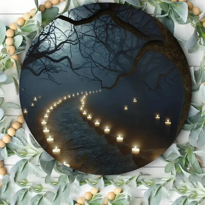 2D Printed Spooky Forest & Pumpkin Round Sign Home Bar Windows Garden