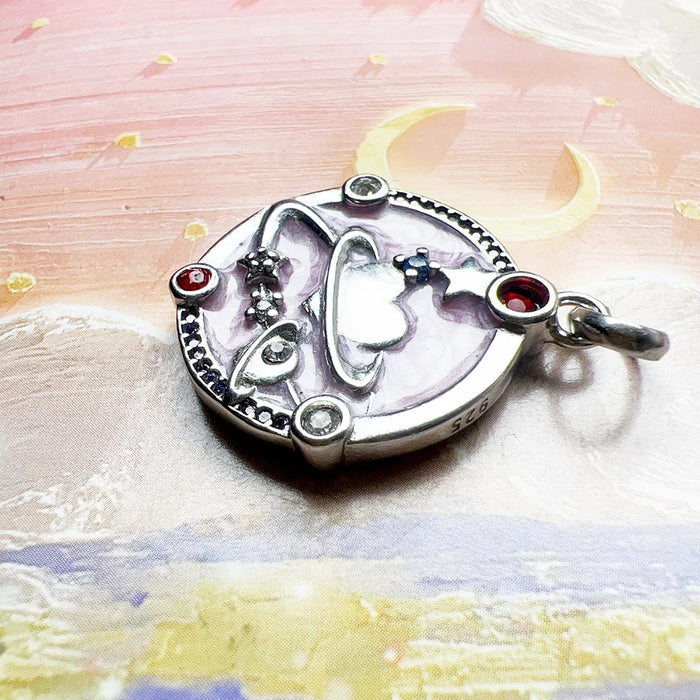 925 Sterling Silver Romantic Pink Heart Planet Pendant Jewelry For Women