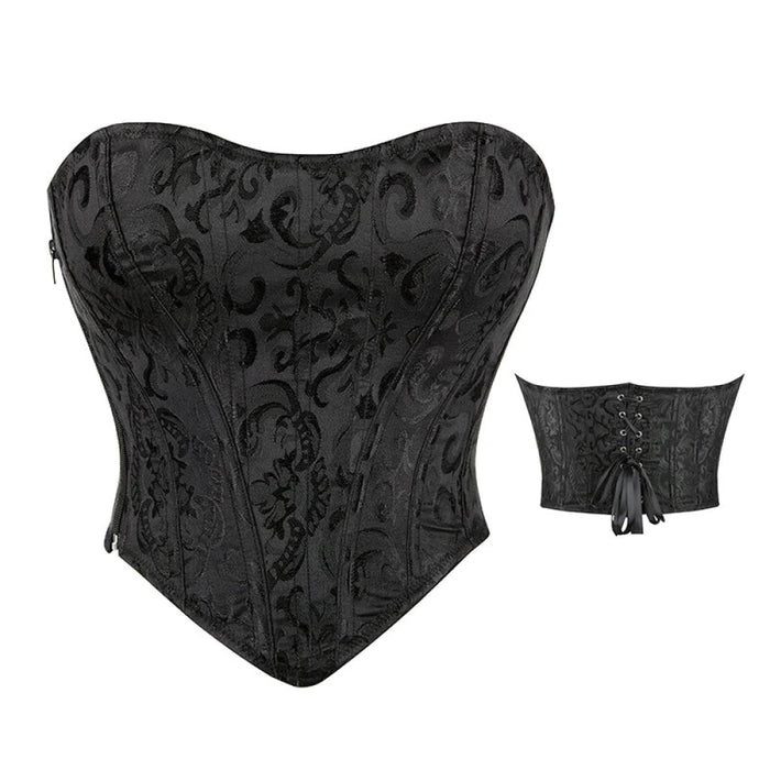 Strapless Lace Up Boned Bustier Corset Plus Size Xs-6Xl Black Brocade Side Zip Bodyshaper Crop Top