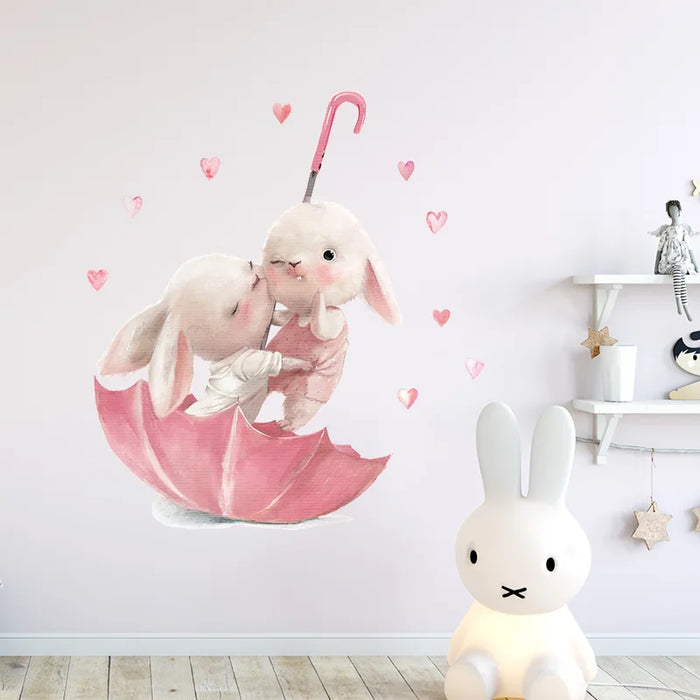 Watercolour Pink Umbrella With Bunny Wall Stickers And Hearts For Kids Room Decor