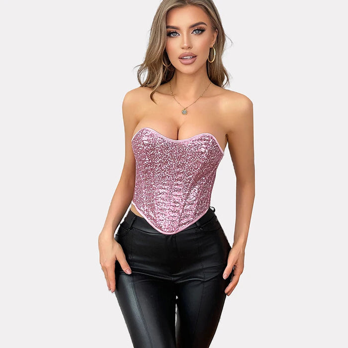 Sequined Overbust Corset Pink Going Out Body Shapewear For Women