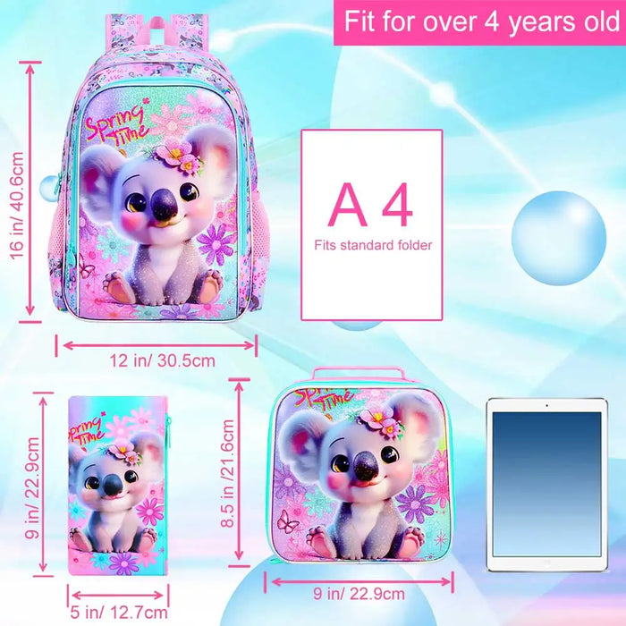 3 Piece Girls Backpack Set 16 Inch Koala Design For Elementary School