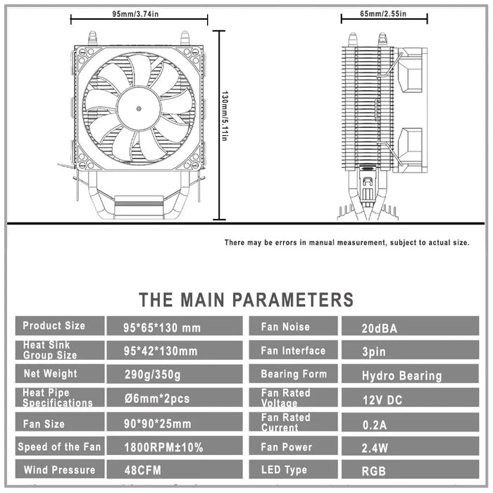 RGB Fan CPU Cooler for Intel/amd 2 Heatpipes