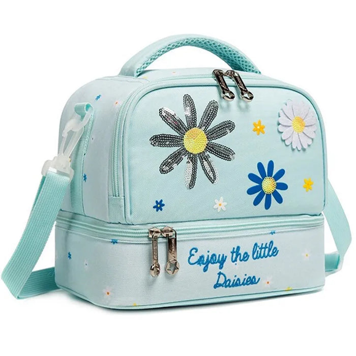 Insulated Bento Cooler Bag For Kids 2 Compartments Adjustable Strap