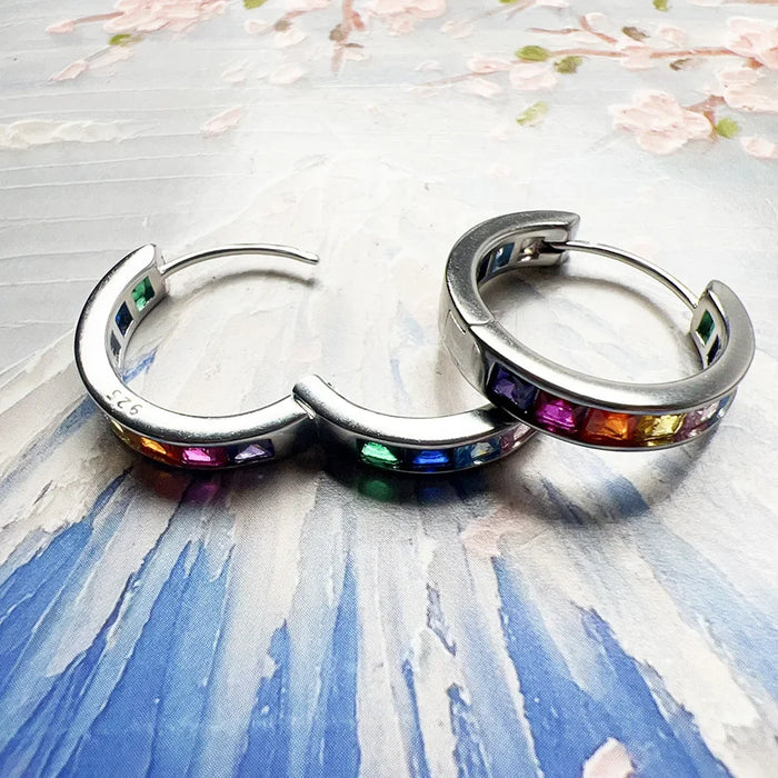925 Sterling Silver Boho Rainbow Stone Hoop Earrings Real European Glam Jewelry For Women