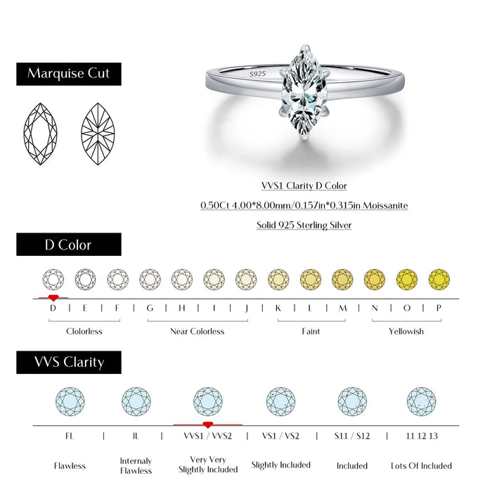 925 Sterling Silver Marquise Cut Moissanite Band Ring For Women