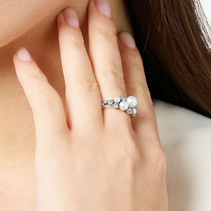 925 Sterling Silver White Stone & Freshwater Pearl Ring Europe Style For Women