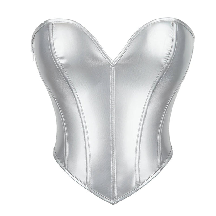 12-Bone Side Zip Chest Binder Bustier Short Strapless Top For Women Silver Leather Corset