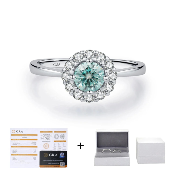 925 Sterling Silver Green Teal Moissanite Halo Ring