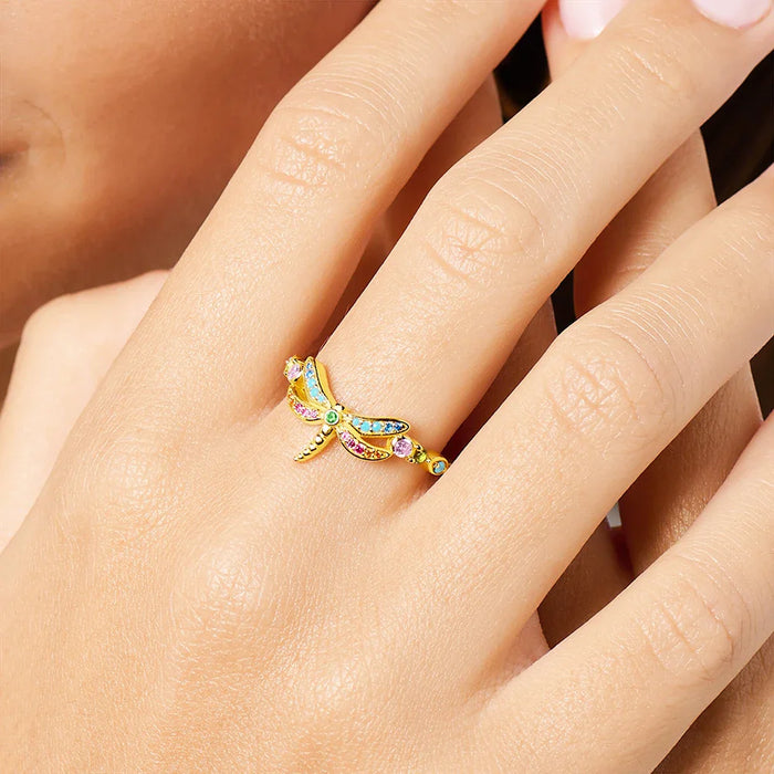 925 Sterling Silver Bohemian Dragonfly Ring With Coloured Stones