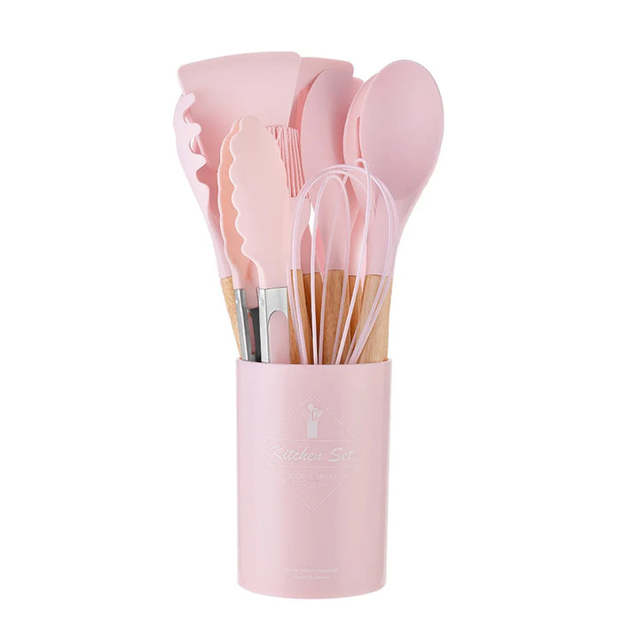 12 Piece Silicone Kitchen Utensil Set With Wooden Handle And Storage Bucket