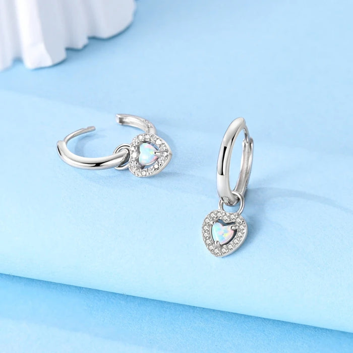925 Sterling Silver Sparkling Love Opal Hoop Earrings