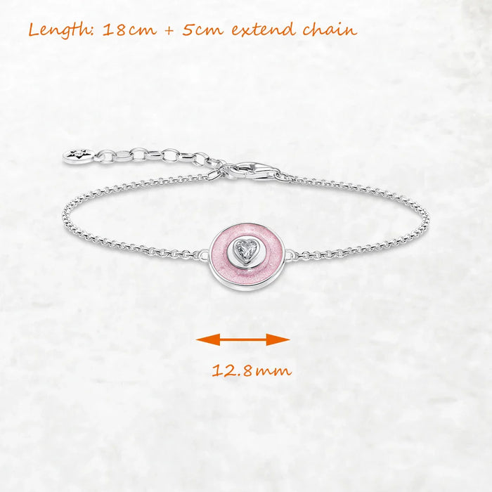925 Sterling Silver Romantic Gift Pink Disc Heart Bracelet Zircon Jewelry For Women