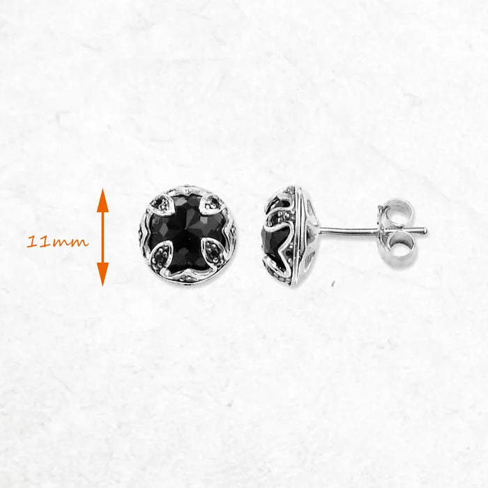 925 Sterling Silver Vintage Black Lotus Stud Earrings