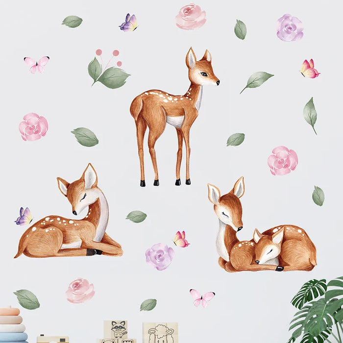 Watercolour Deer & Flower Wall Stickers For Kids Room Decor