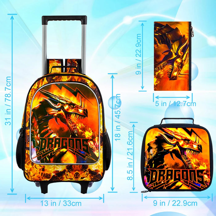 3 Piece Dragon Rolling Backpack Set For Boys School Wheels Lunch