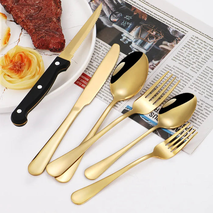 24 Piece Stainless Steel Tableware Set With Steak Knives & Dessert Spoons In Colour Box Packaging
