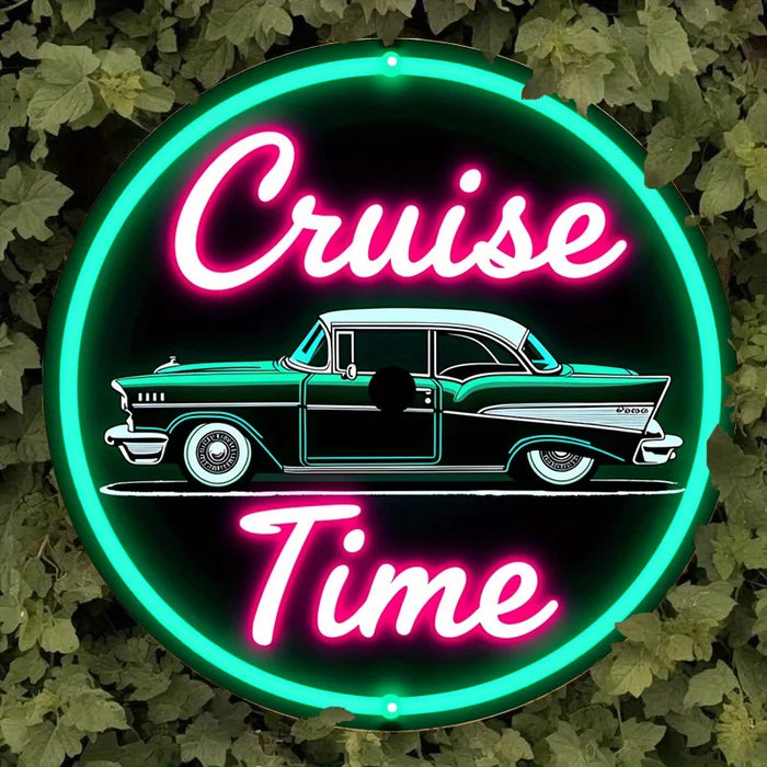 Retro Car Sign 7.8 Round Aluminum Wall Art For Bar Cafe Or Beach Decor