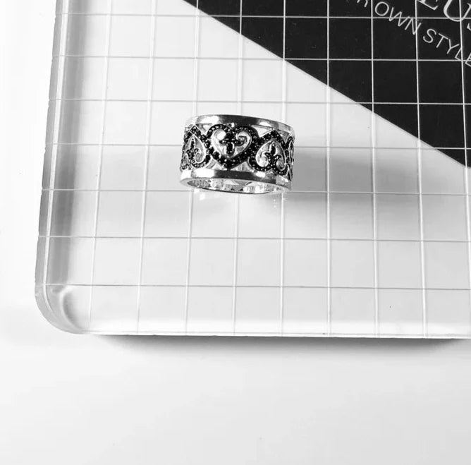 925 Sterling Silver Black Arabesque Hearts Band Ring European Style Women Jewelry