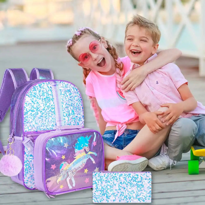 3 Piece Unicorn Backpack Set 16 Sequin Bookbag Lunch Box For Girls