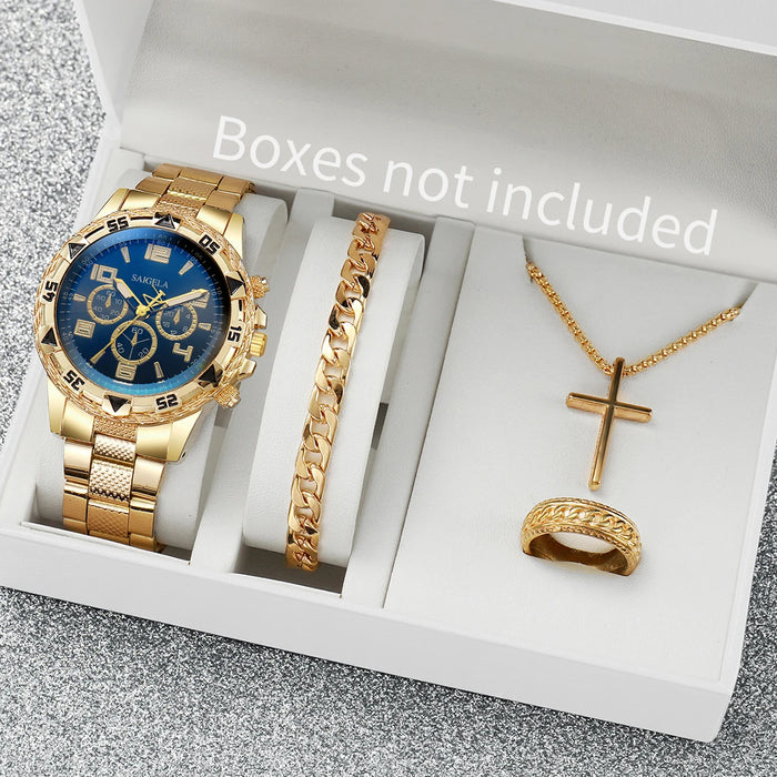 4 Piece Gold Steel Analog Mens Watch Set - Without Box
