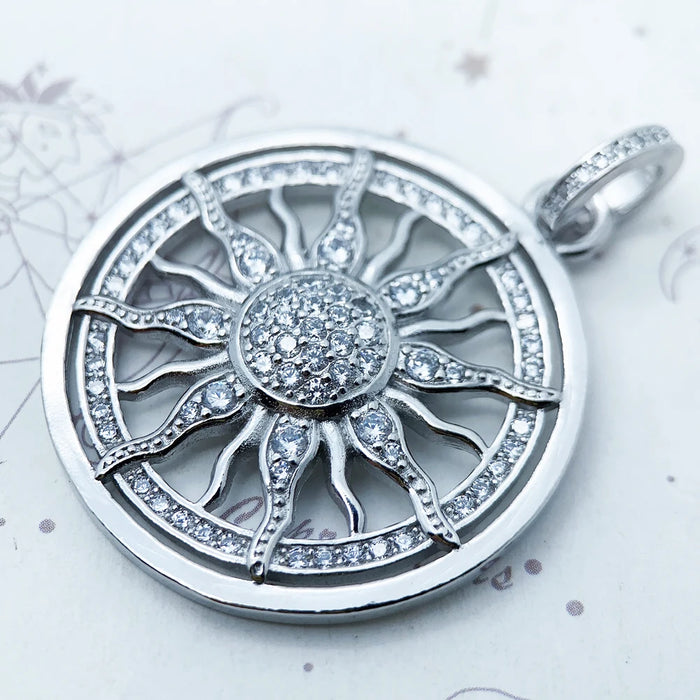 925 Sterling Silver Vintage Sun Pendant With White Zircon European Jewelry Gift
