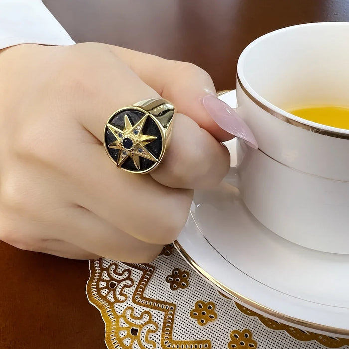 925 Sterling Silver Golden Royalty Star Ring With Stones Fine Jewerly For Women Autumn Lucky