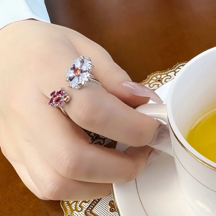 925 Sterling Silver Colourful Stone Flower Ring Romantic Gift Bohemian Jewelry For Women