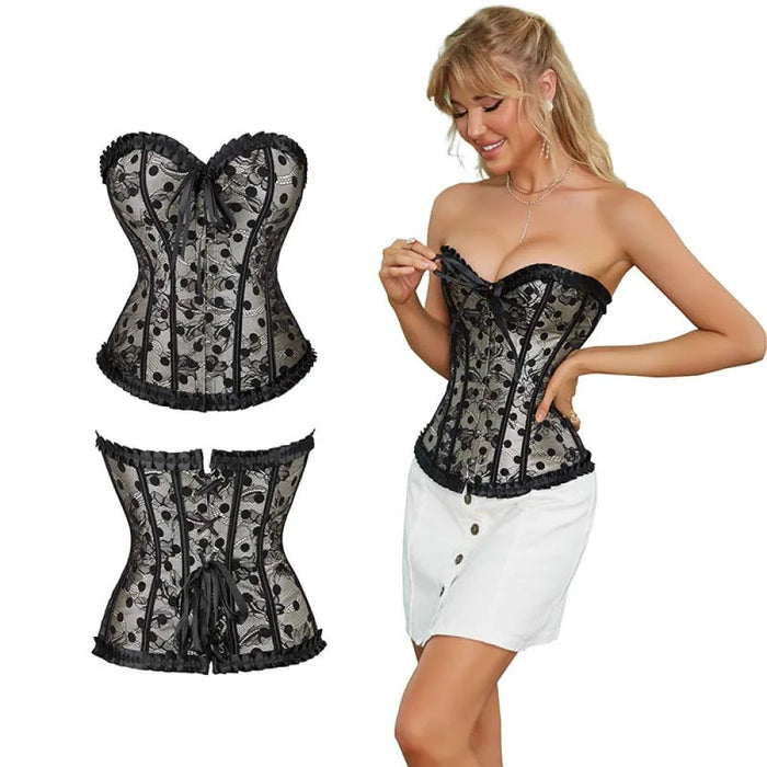 Fishbones Women Ruffled Lace Boned Corset Bustier Plus Size