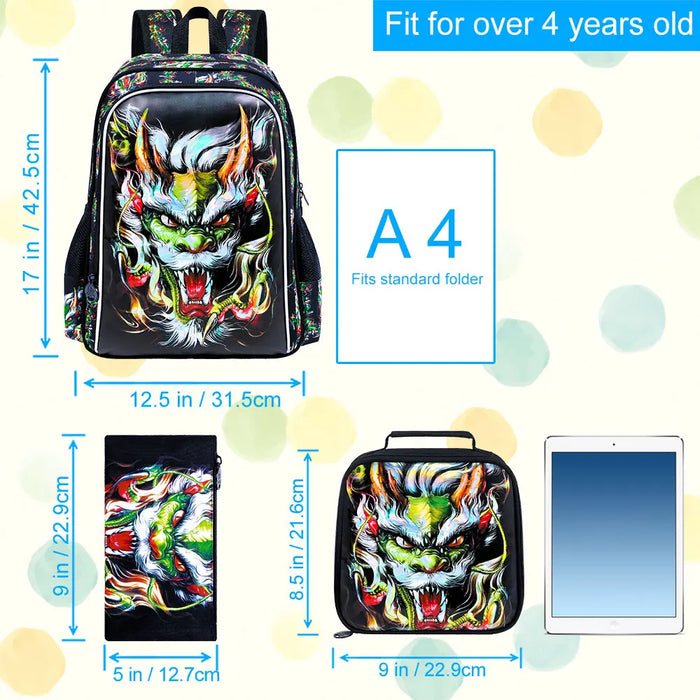 17 Inch Dinosaur Backpack Set For Teens Water Resistant With Lunch Bag