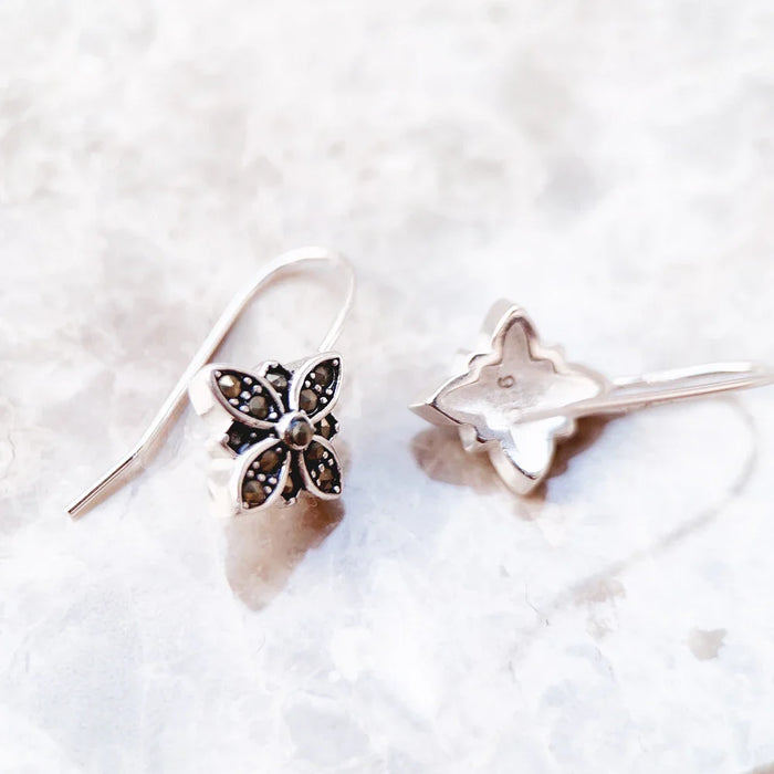 925 Sterling Silver Flower Star Drop Earrings Marcasite Zirconia For Women