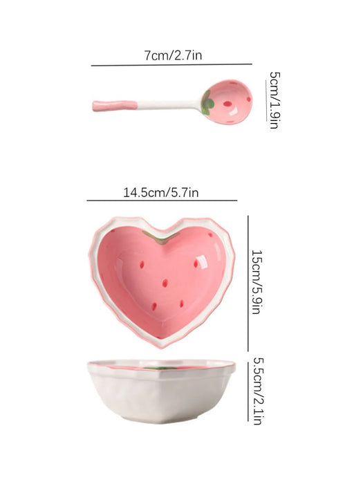 3 Piece Strawberry Bowl Spoon And Plate Set For Beautifully Served Desserts