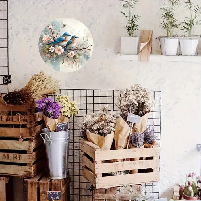 8 Round Metal Sign Birds On Cherry Blossom Home Decor