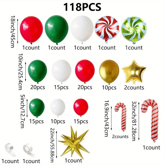 118Pcs Festive Christmas Balloon Garland Set Red Green White Gold Balloon Star Candy Cane And Gift Box Festive Decoration