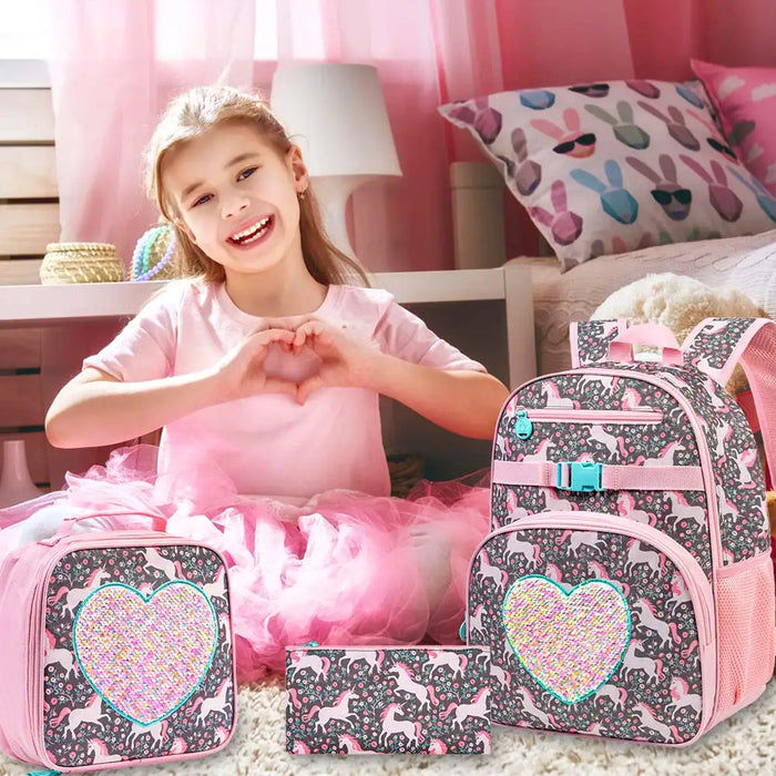 3 Piece Unicorn Backpack Set For Girls 16 Bookbag Lunch Box Sequin Design